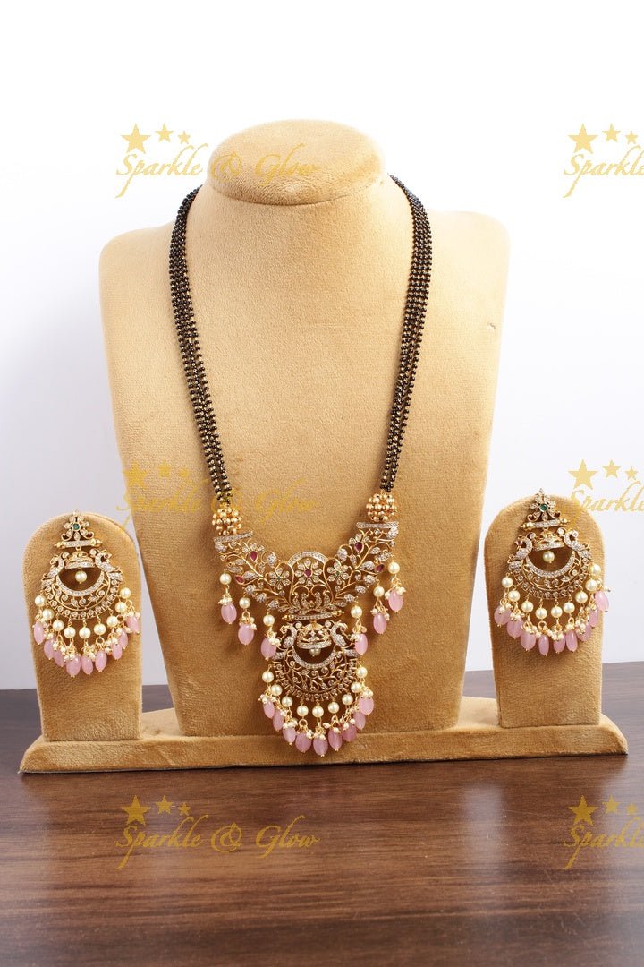 Statement non idol pendent black beads chain set with pink beads - Sparkle and Glow - Pink - Back Thread