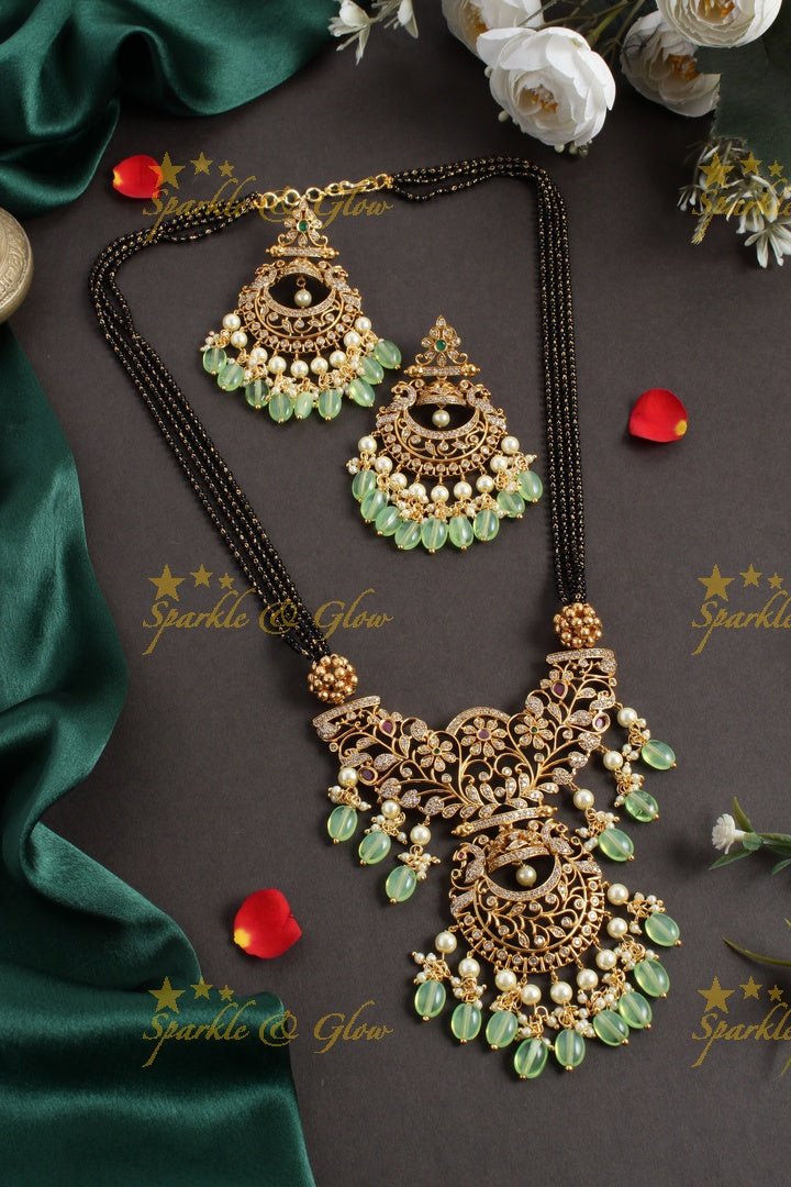 Statement non idol pendent black beads chain set with pink beads - Sparkle and Glow - Green - Back Thread