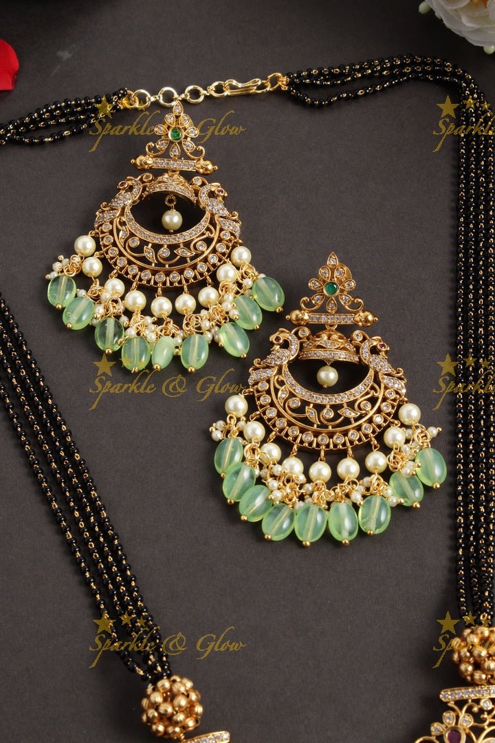 Statement non idol pendent black beads chain set with pink beads - Sparkle and Glow - Green - Back Thread