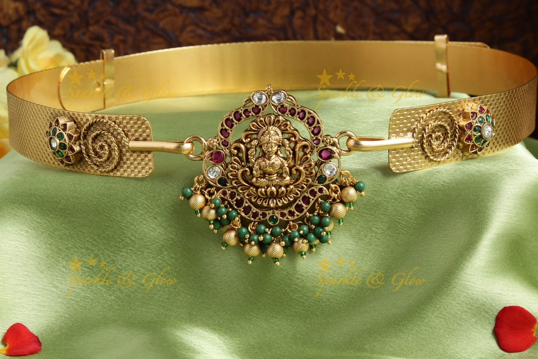 Gold alike Lakshmi pendent plain hipbelt with green beads