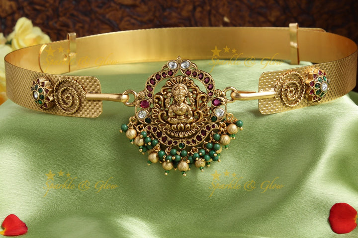Gold alike Lakshmi pendent plain hipbelt with green beads