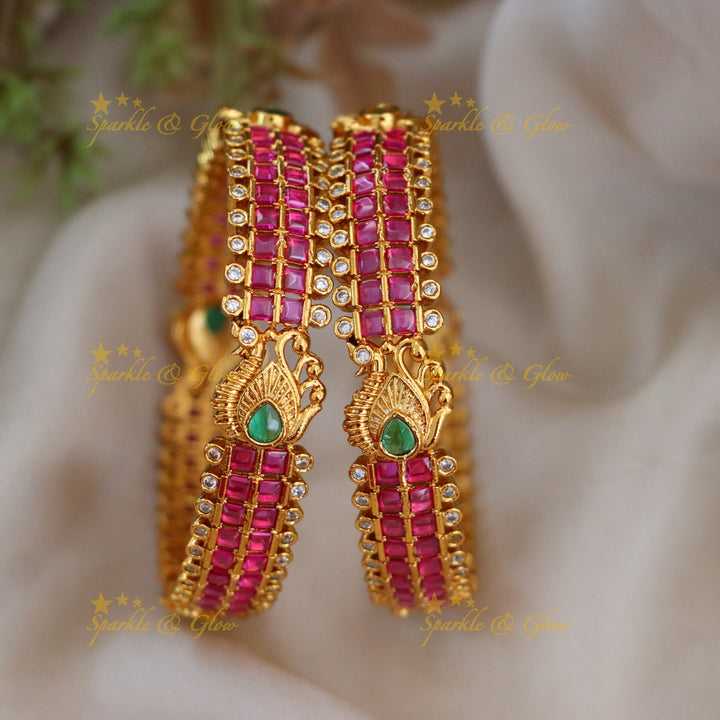 Premium Matte Pink Stone Peacock Bangles