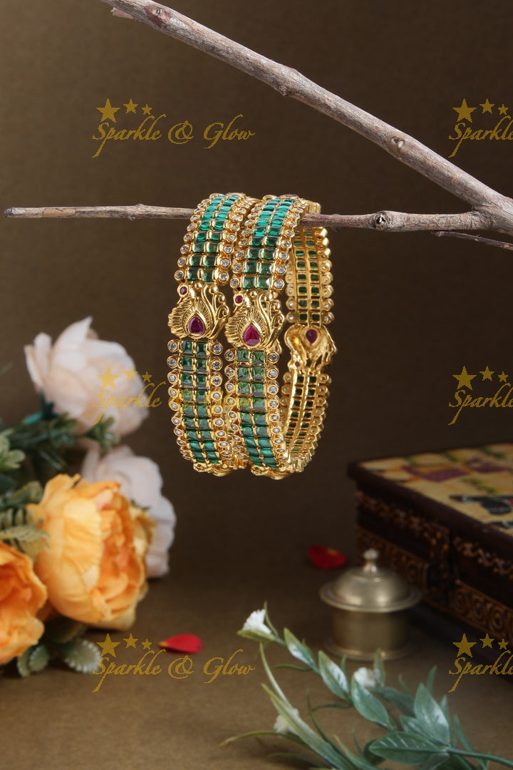 Premium matte Green stone peacock bangles - A pair - 2.8