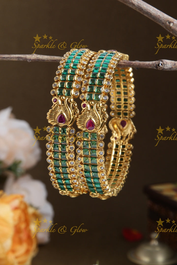 Premium matte Green stone peacock bangles - A pair - 2.8