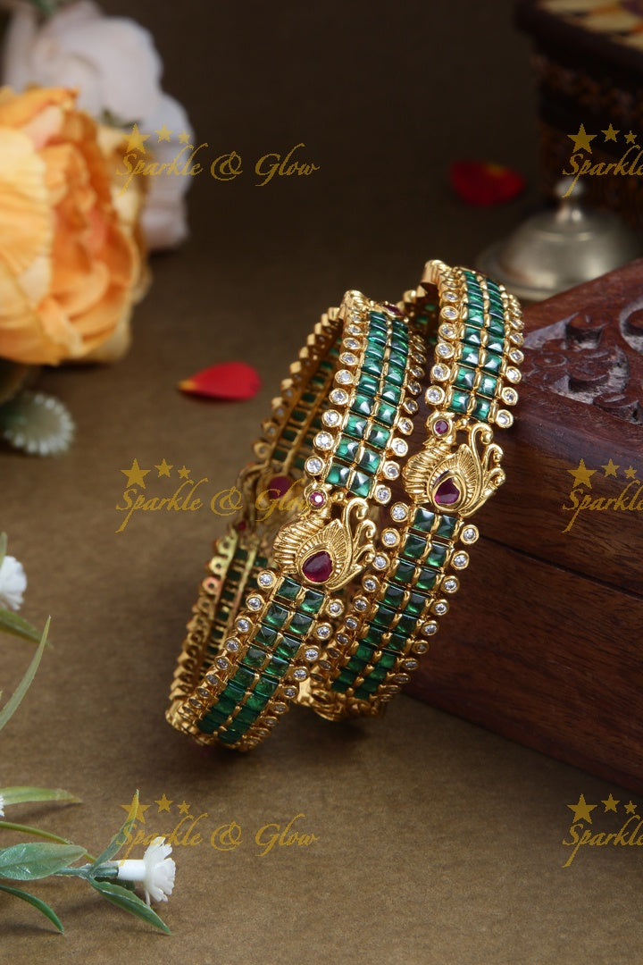 Premium matte Green stone peacock bangles - A pair - 2.8