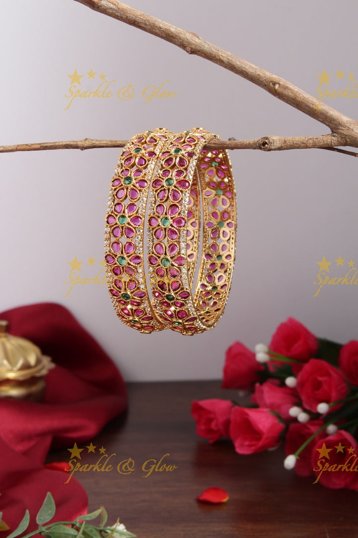 Premium matte green stone pearl floral bangles