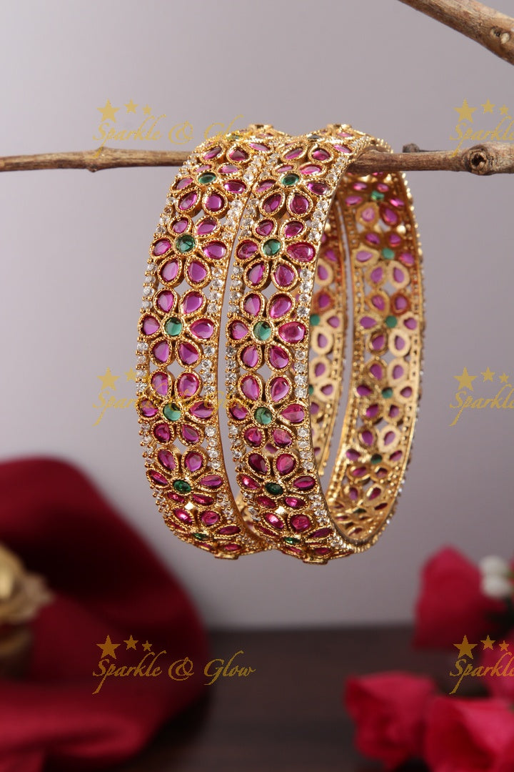 Premium matte green stone pearl floral bangles