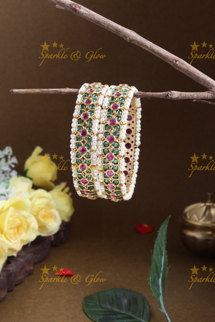 Premium matte green stone pearl floral bangles