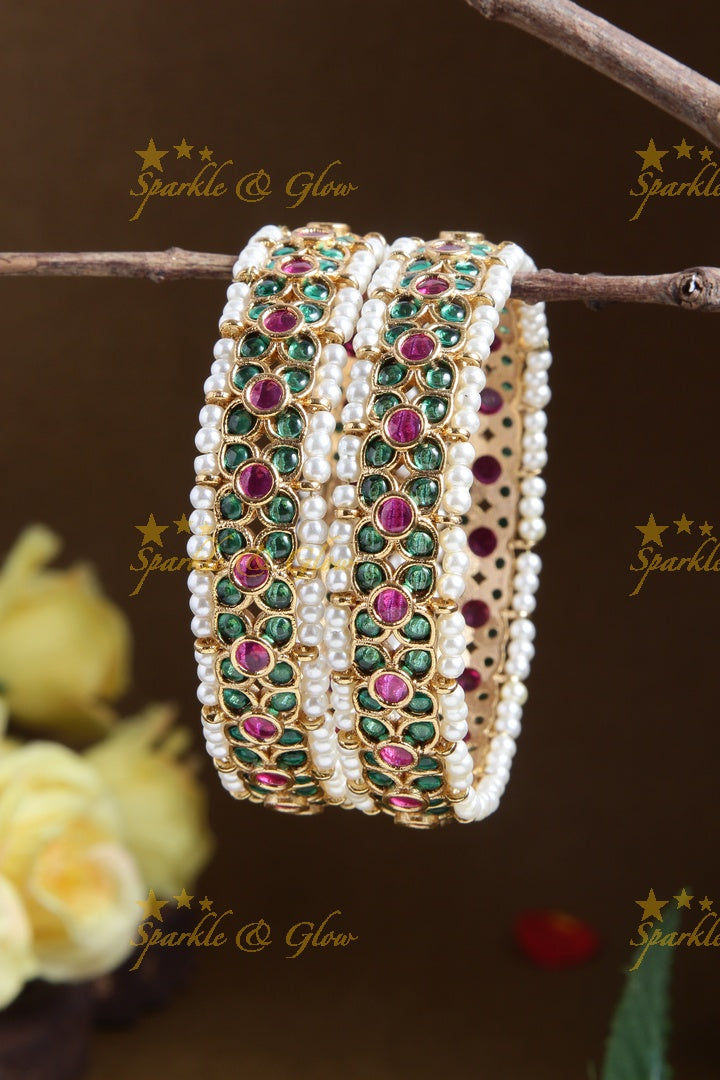 Premium matte green stone pearl floral bangles