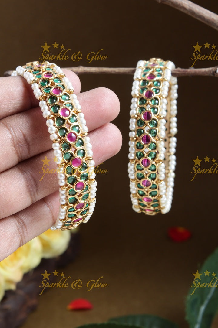 Premium matte green stone pearl floral bangles