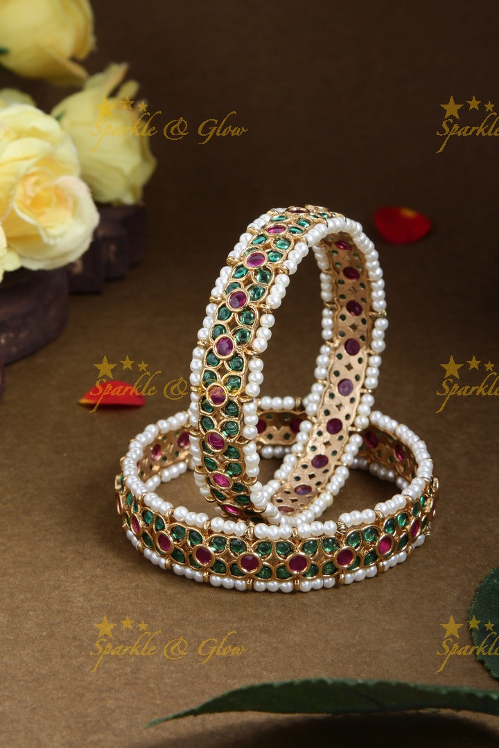 Premium matte green stone pearl floral bangles