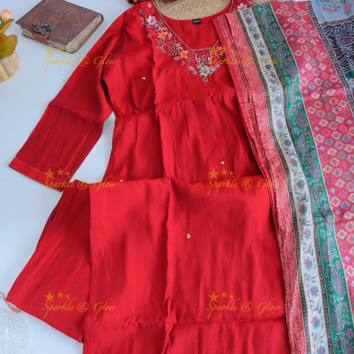 Stunning Modal Silk Kurti pant with digital Print Dupatta set- Red