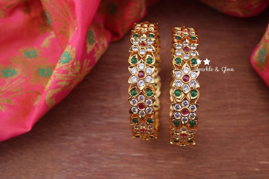 Gold Polished Uncut daimond and kemp stones bangles a pair - 2.4 - Sparkle and Glow