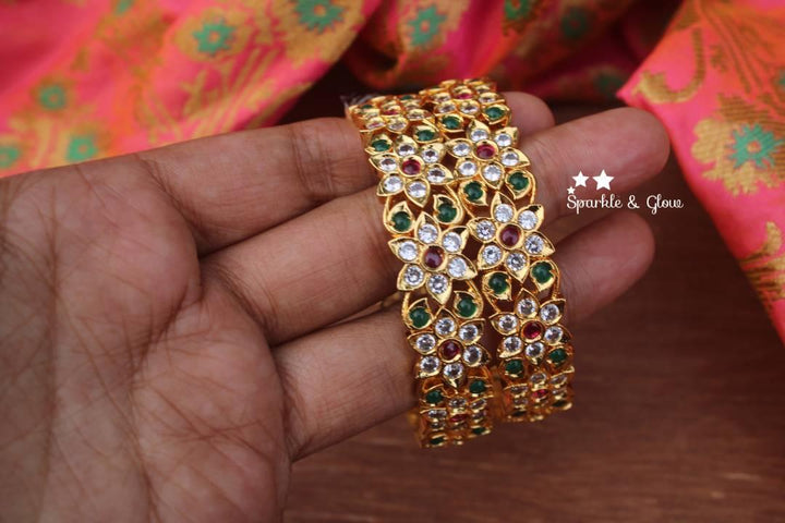 Gold Polished Uncut daimond and kemp stones bangles a pair - 2.4 - Sparkle and Glow
