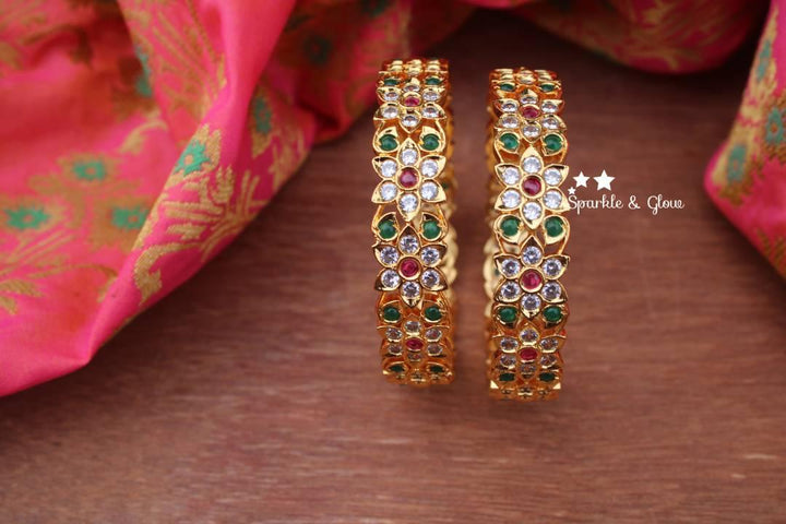 Gold Polished Uncut daimond and kemp stones bangles a pair - 2.4 - Sparkle and Glow