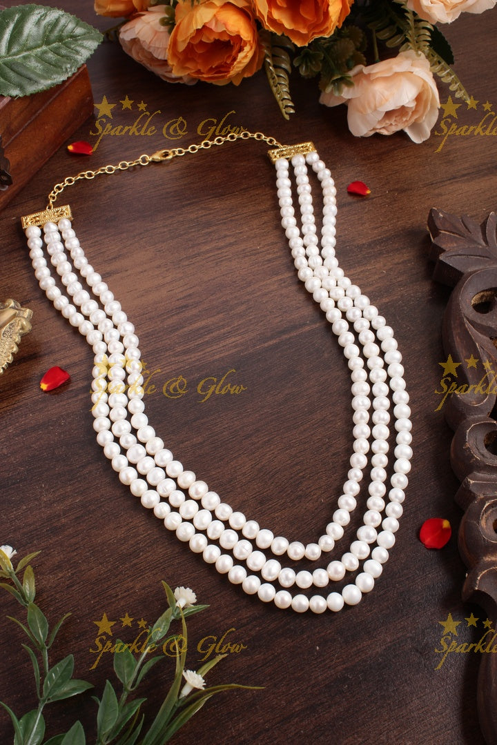 Statement real Shell Pearl beads three layer chain