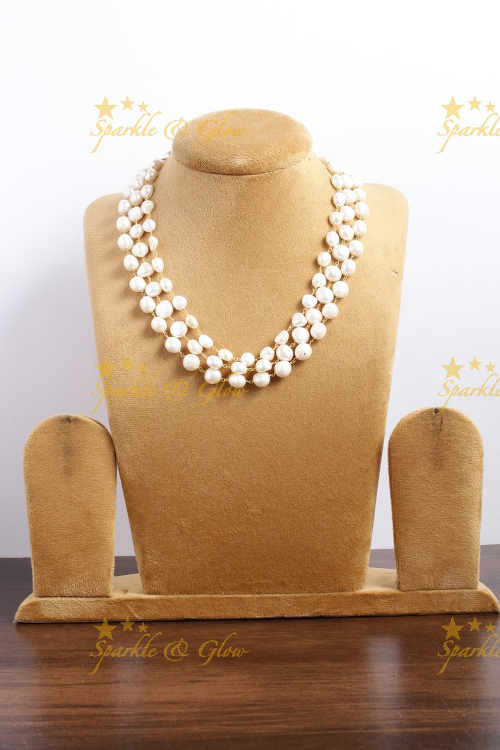 Statement real Shell White Pearl beads three layer chain