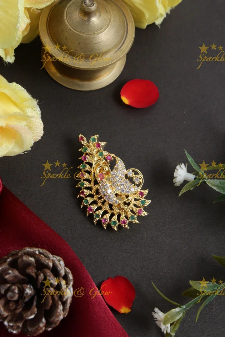 Peacock Design AD Stone Saree Brooch in Gold