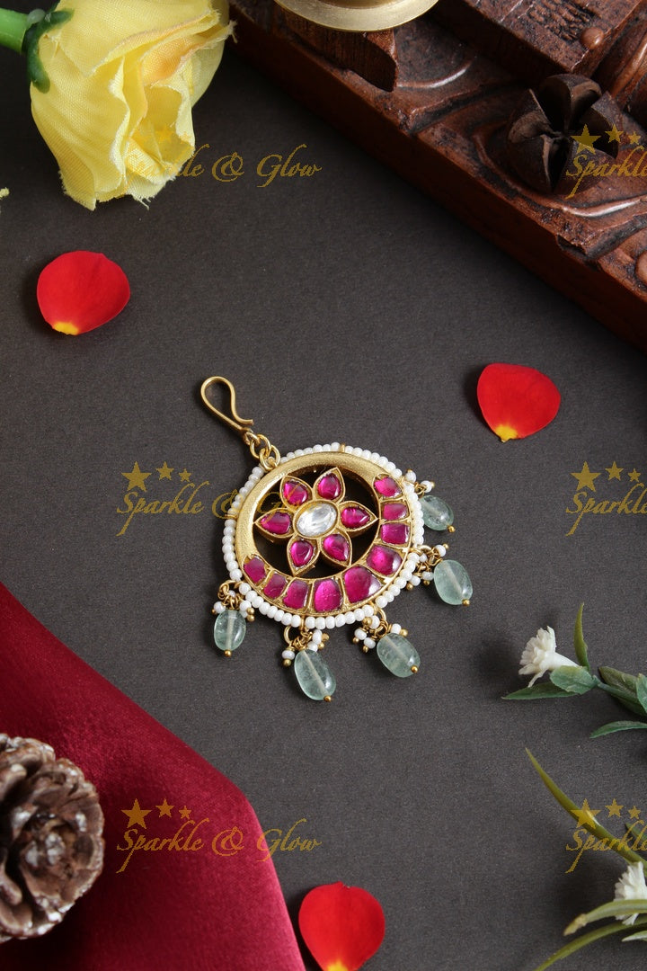 Jadau Pendent type floral Maangtikka with green beads