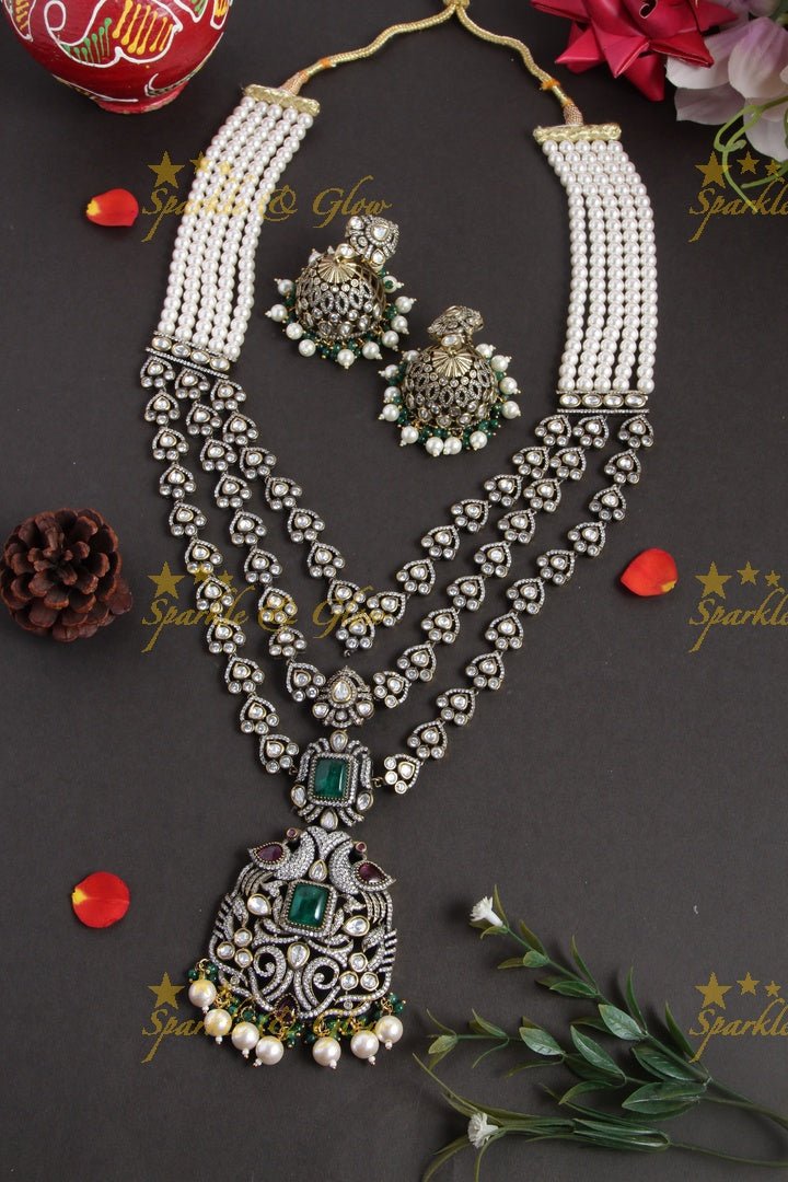 Beautiful long beads peacock carved victorian peacock pendent necklace - Sparkle and Glow - Green - Back Thread