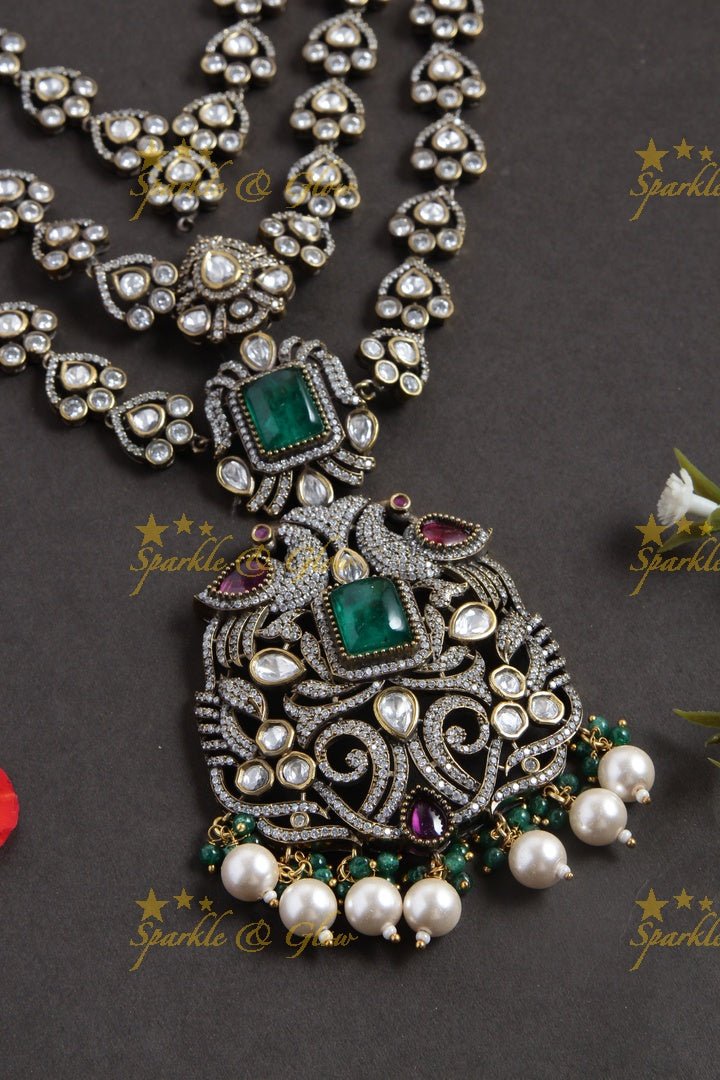 Beautiful long beads peacock carved victorian peacock pendent necklace - Sparkle and Glow - Green - Back Thread