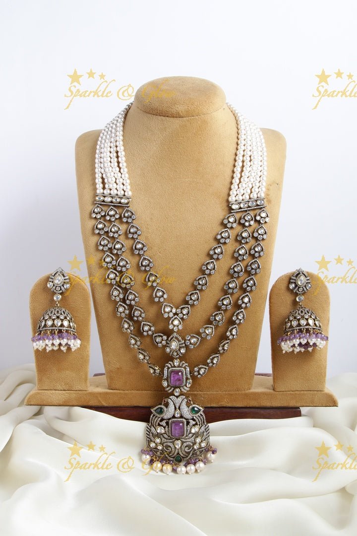 Beautiful long beads peacock carved victorian peacock pendent necklace - Sparkle and Glow - White - Purple - Back Thread
