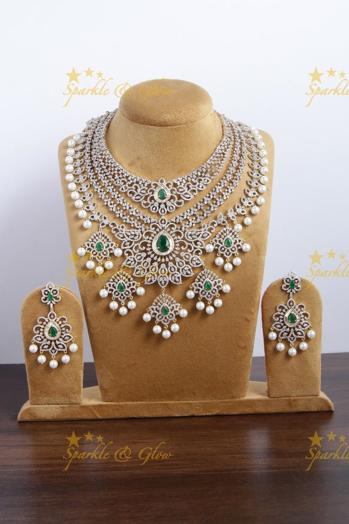 Mesmerizing multilayered gj polish AD floral necklace - Sparkle and Glow - Green - Back Thread