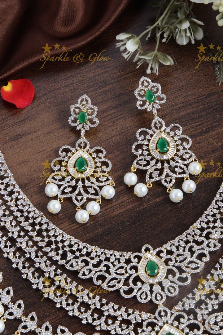 Mesmerizing multilayered gj polish AD floral necklace - Sparkle and Glow - Green - Back Thread