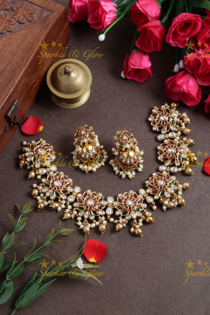 Beautiful Jadau replica Gold alike Lotus necklace