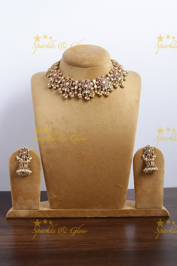 Beautiful Jadau replica Gold alike Lotus necklace
