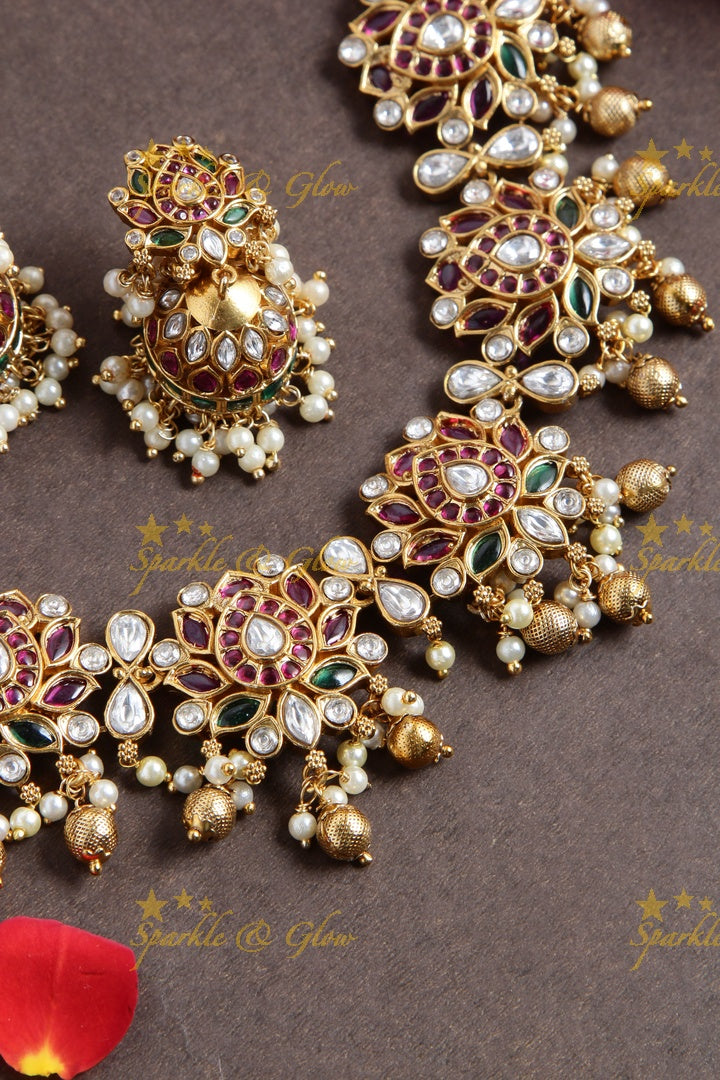 Beautiful Jadau replica Gold alike Lotus necklace