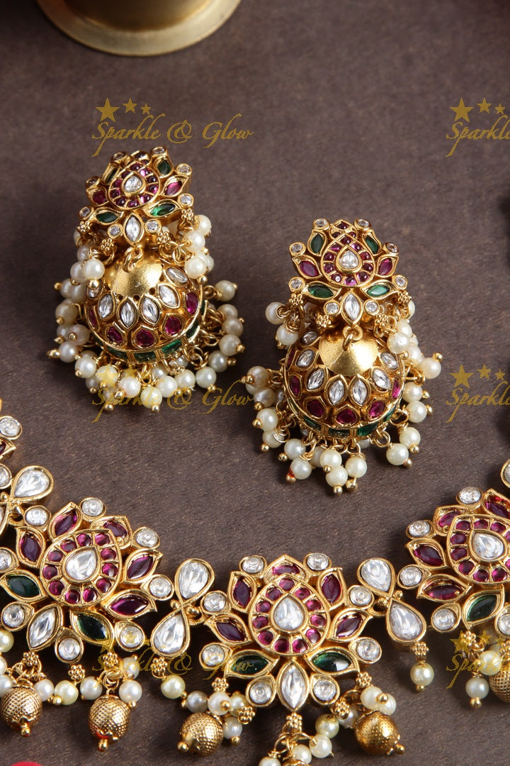 Beautiful Jadau replica Gold alike Lotus necklace