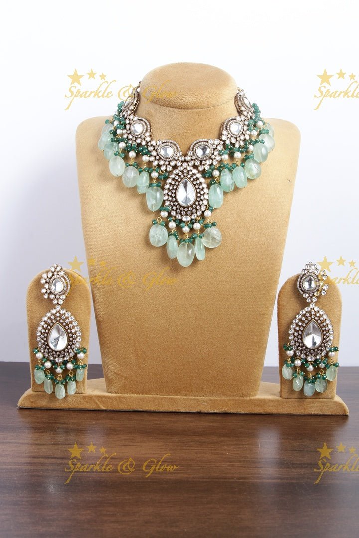 Statement victorian AD bridal necklace with mint green beads - Sparkle and Glow - Light Pink - Back Thread