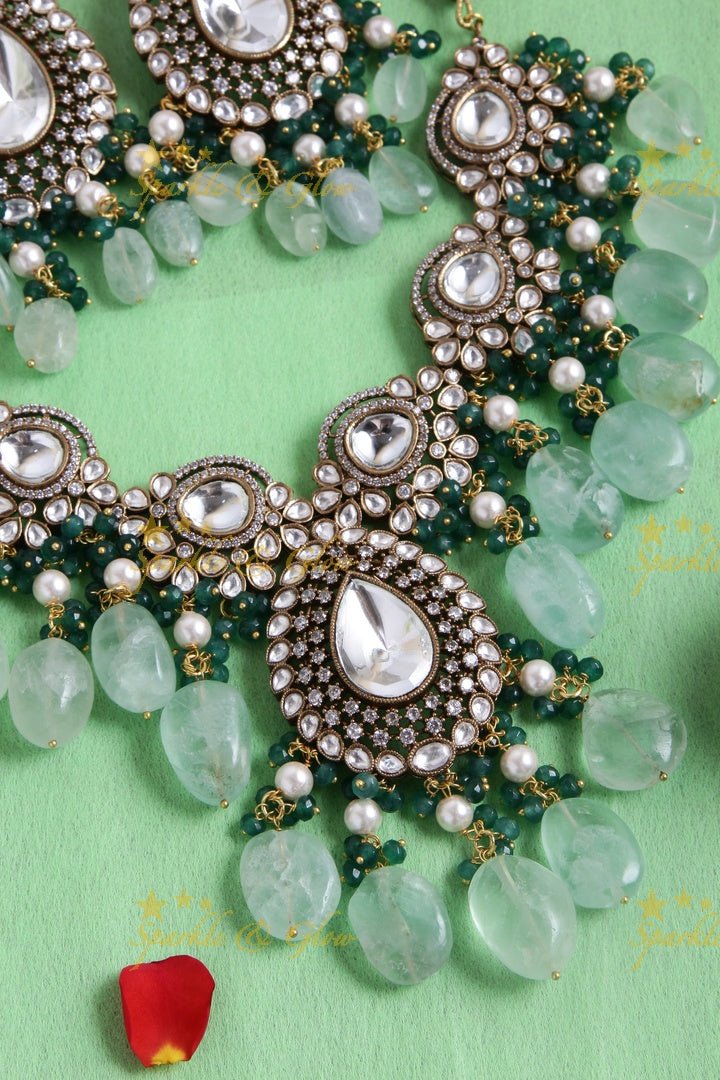 Statement victorian AD bridal necklace with mint green beads - Sparkle and Glow - Light Pink - Back Thread