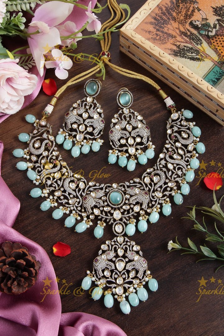 Statement peacock and Elephant Victorian AD necklace with Light Blue beads - Sparkle and Glow - Ligh Blue - Back Thread