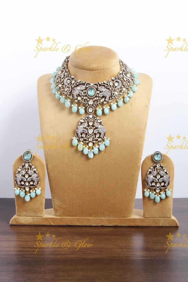 Statement peacock and Elephant Victorian AD necklace with Light Blue beads - Sparkle and Glow - Ligh Blue - Back Thread