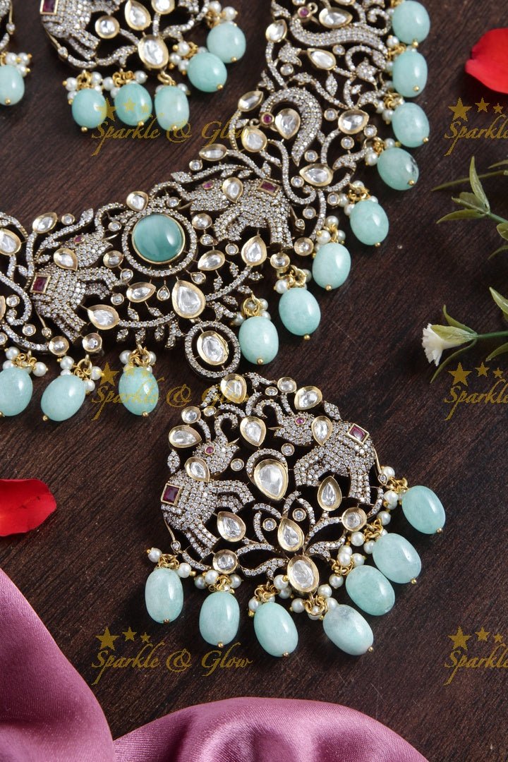Statement peacock and Elephant Victorian AD necklace with Light Blue beads - Sparkle and Glow - Ligh Blue - Back Thread