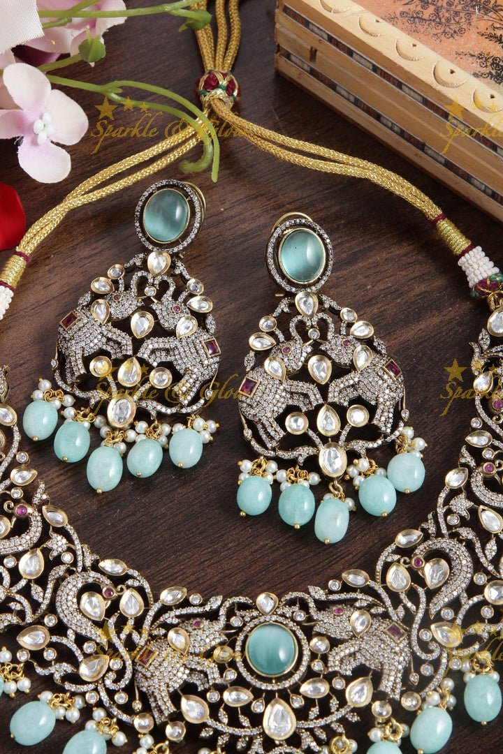 Statement peacock and Elephant Victorian AD necklace with Light Blue beads - Sparkle and Glow - Ligh Blue - Back Thread