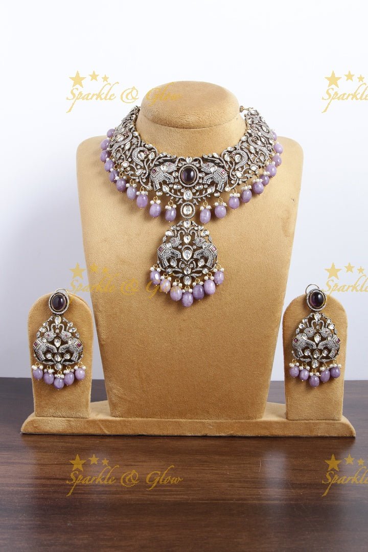 Statement peacock and Elephant Victorian AD necklace with Light Blue beads - Sparkle and Glow - Purple - Back Thread