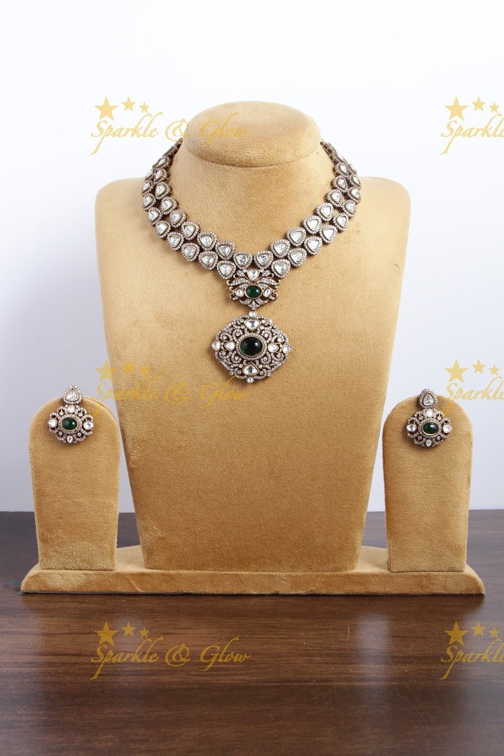 Stunning victorian AD layered necklace with Green stone - Sparkle and Glow - Green - Back Thread