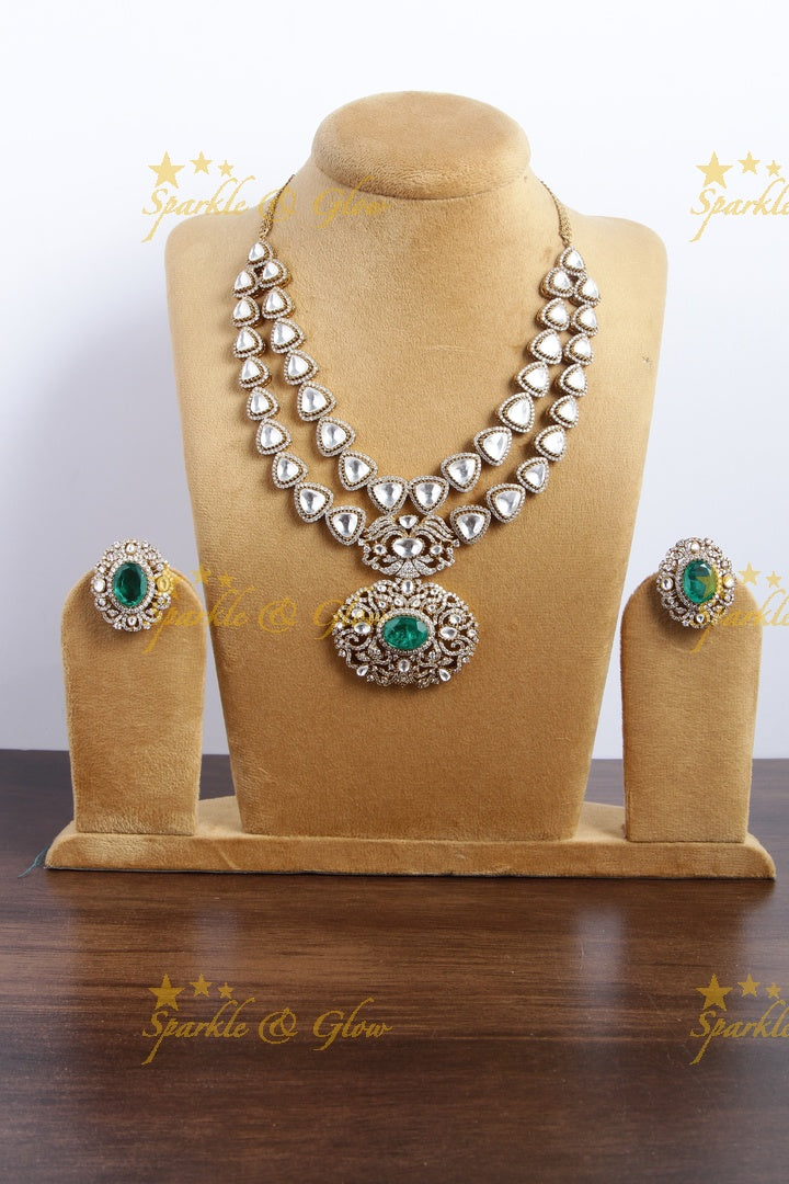 Stunning victorian AD gold polished layered necklace with Green stone