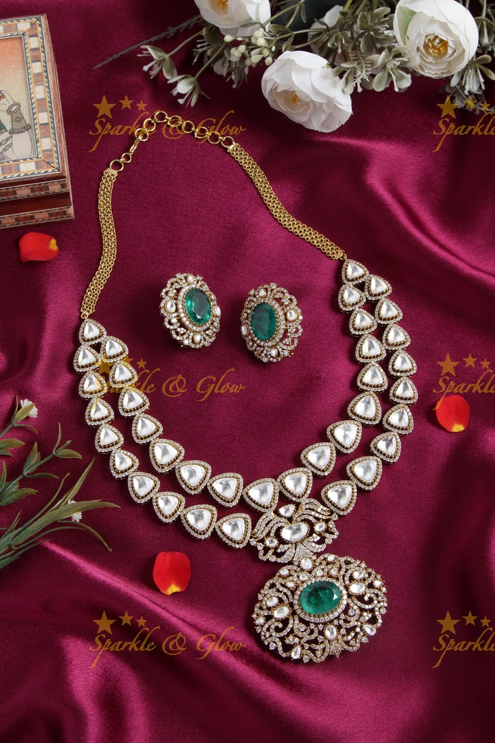 Stunning victorian AD gold polished layered necklace with Green stone