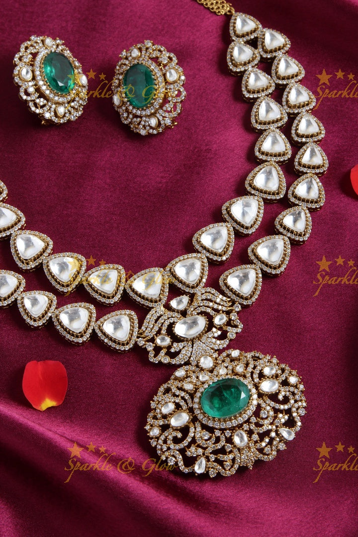Stunning victorian AD gold polished layered necklace with Green stone