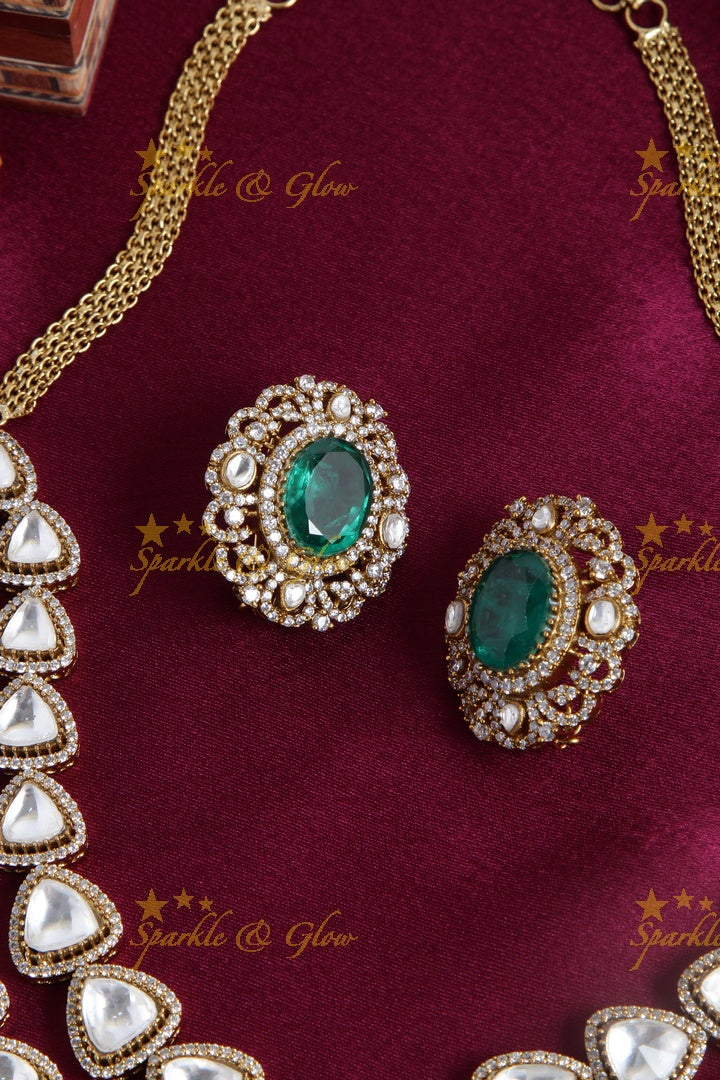 Stunning victorian AD gold polished layered necklace with Green stone
