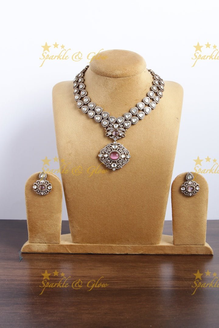 Stunning victorian AD layered necklace with Green stone - Sparkle and Glow - Pink - Back Thread