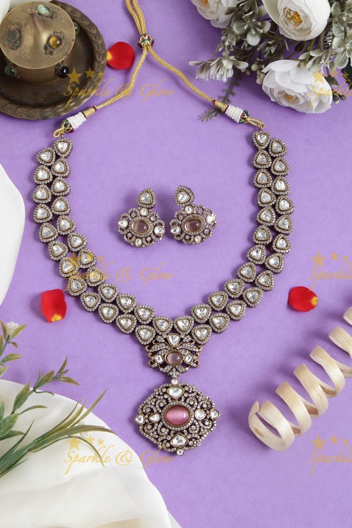 Stunning victorian AD layered necklace with Green stone - Sparkle and Glow - Pink - Back Thread