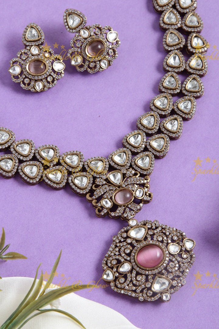 Stunning victorian AD layered necklace with Green stone - Sparkle and Glow - Blue - Back Thread