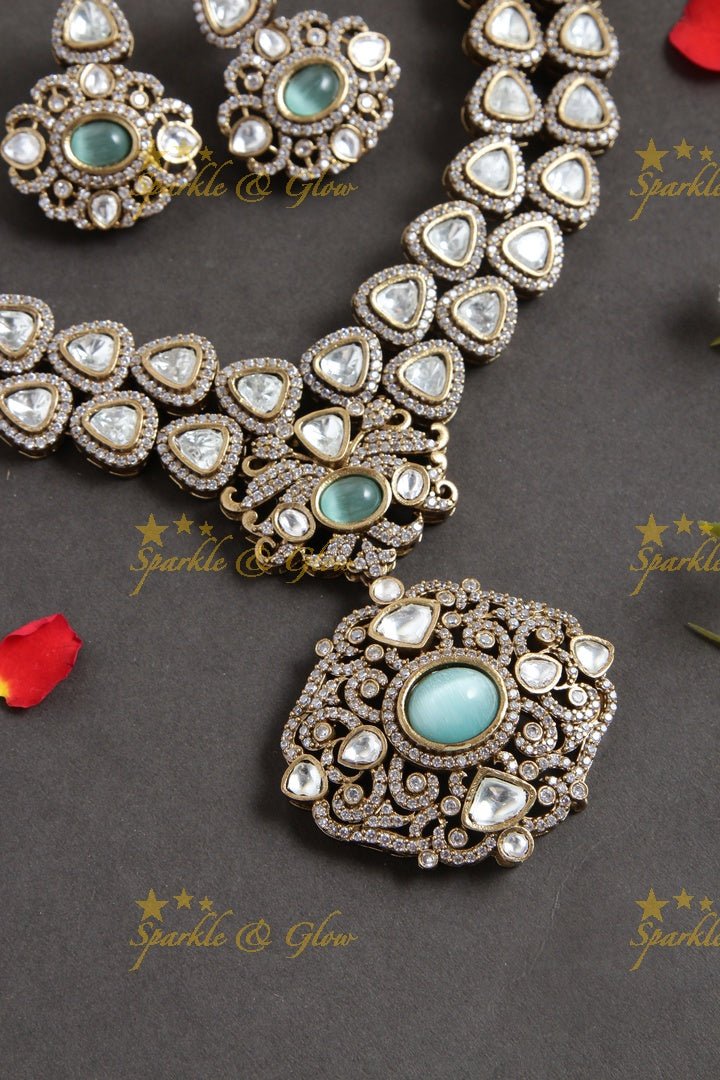 Stunning victorian AD layered necklace with Green stone - Sparkle and Glow - Mint Green - Back Thread