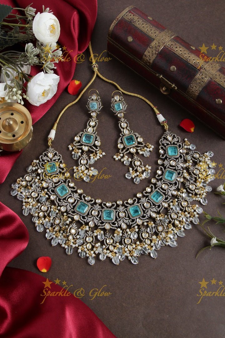 Goegeous Floral design victorian AD short necklace with stones and beads - mint green - Sparkle and Glow - Mintgreen - Back Thread