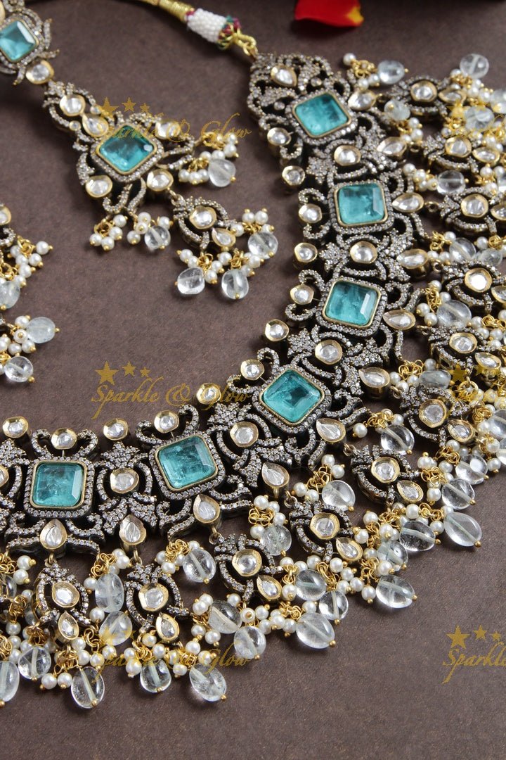 Goegeous Floral design victorian AD short necklace with stones and beads - mint green - Sparkle and Glow - Aquablue - Back Thread
